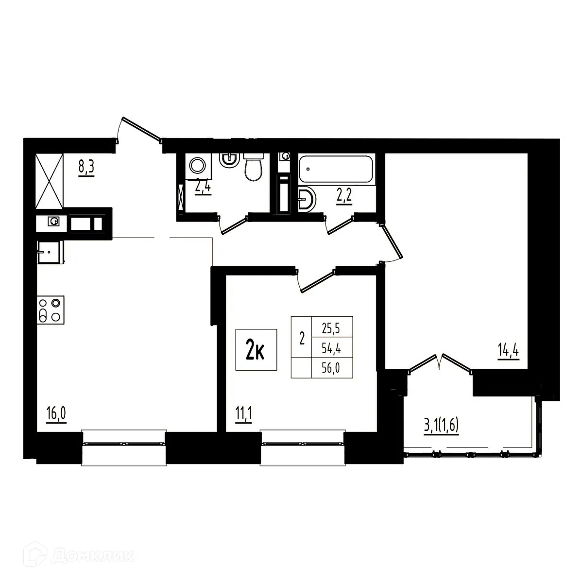 Планировка 2-комнатной квартиры 56 м² в ЖК Мелодия леса, г. Ярославль — фото 1