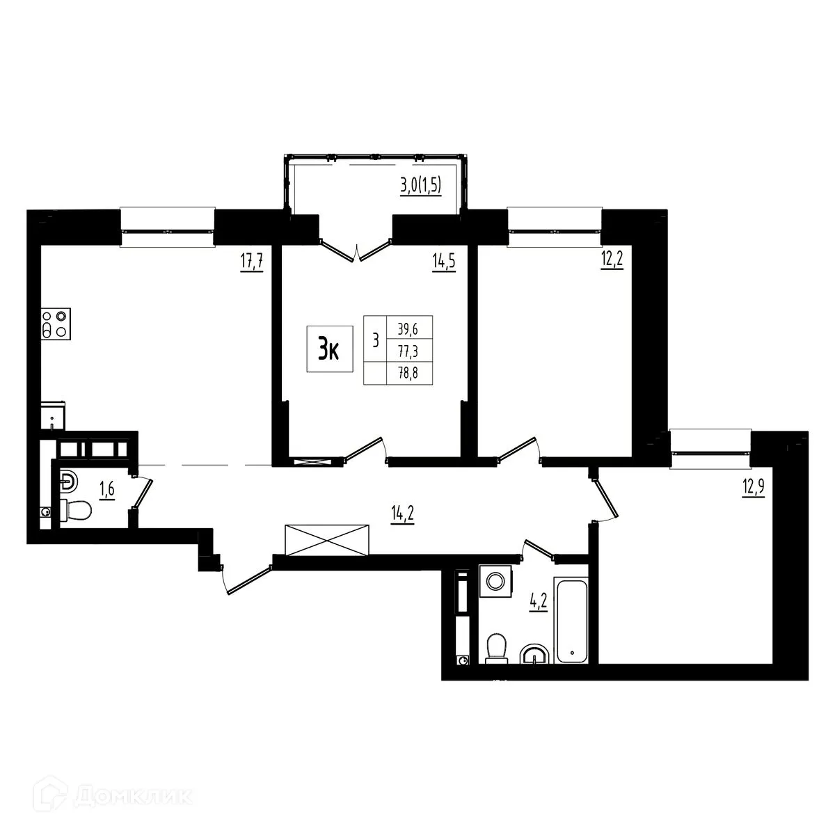 Планировка 3-комнатной квартиры 78.8 м² в ЖК Мелодия леса, г. Ярославль — фото 1