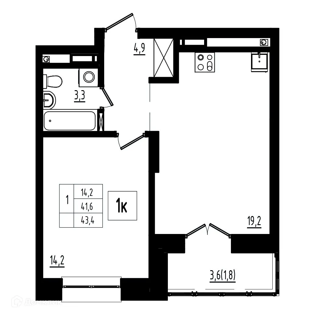 Планировка 1-комнатной квартиры 43.4 м² в ЖК Мелодия леса, г. Ярославль — фото 1