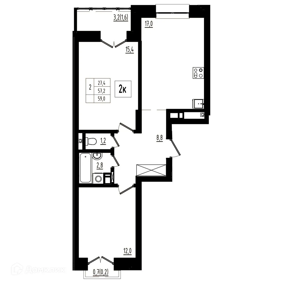 Планировка 2-комнатной квартиры 59 м² в ЖК Мелодия леса, г. Ярославль — фото 1