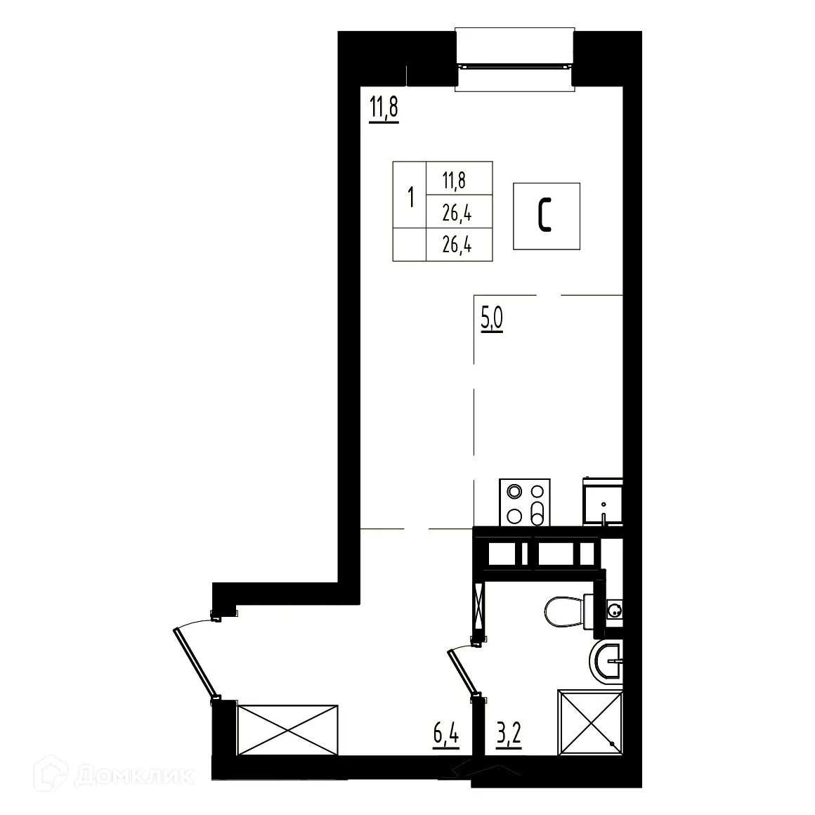 Планировка студии квартиры 26.4 м² в ЖК Мелодия леса, г. Ярославль — фото 1