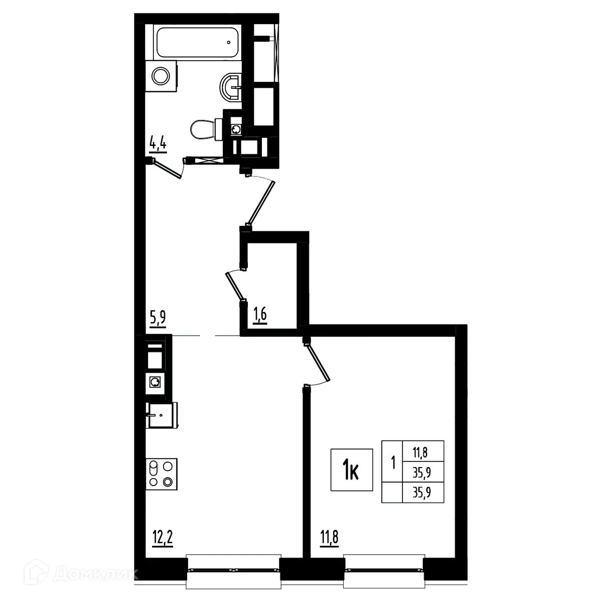 Планировка 1-комнатной квартиры 35.9 м² в ЖК Мелодия леса, г. Ярославль — фото 1