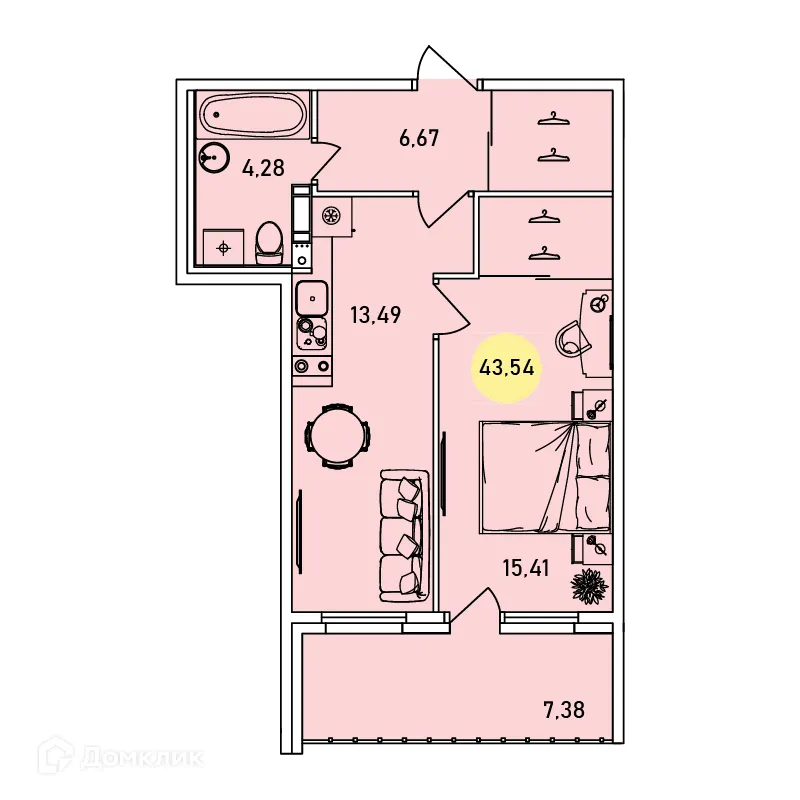 Планировка 1-комнатной квартиры 43.54 м² в ЖК Ин Парк, г. Ярославль — фото 1
