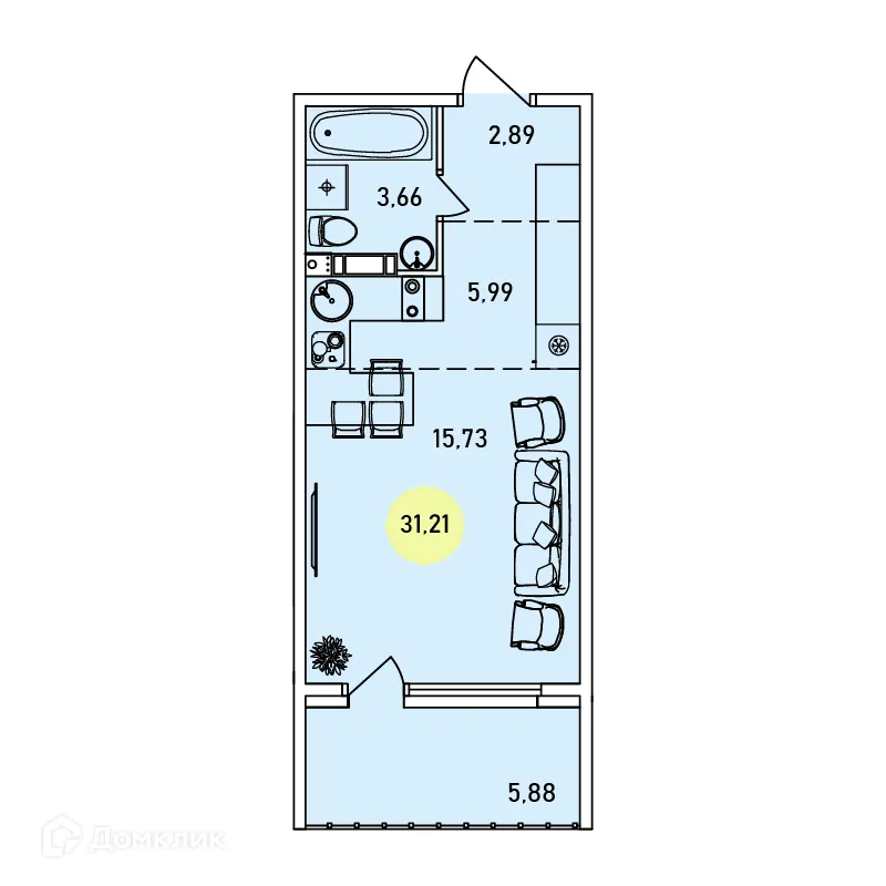 Планировка студии квартиры 31.21 м² в ЖК Ин Парк, г. Ярославль — фото 1