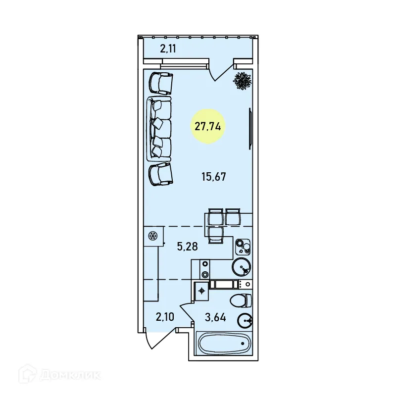 Планировка 1-комнатной квартиры 27.74 м² в ЖК Ин Парк, г. Ярославль — фото 1