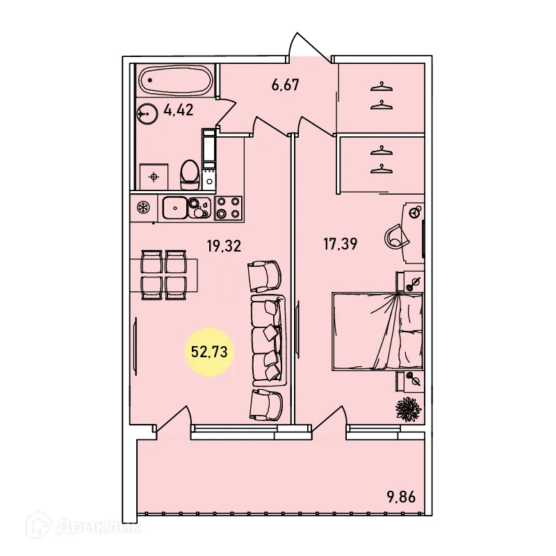 Планировка 1-комнатной квартиры 52.73 м² в ЖК Ин Парк, г. Ярославль — фото 1