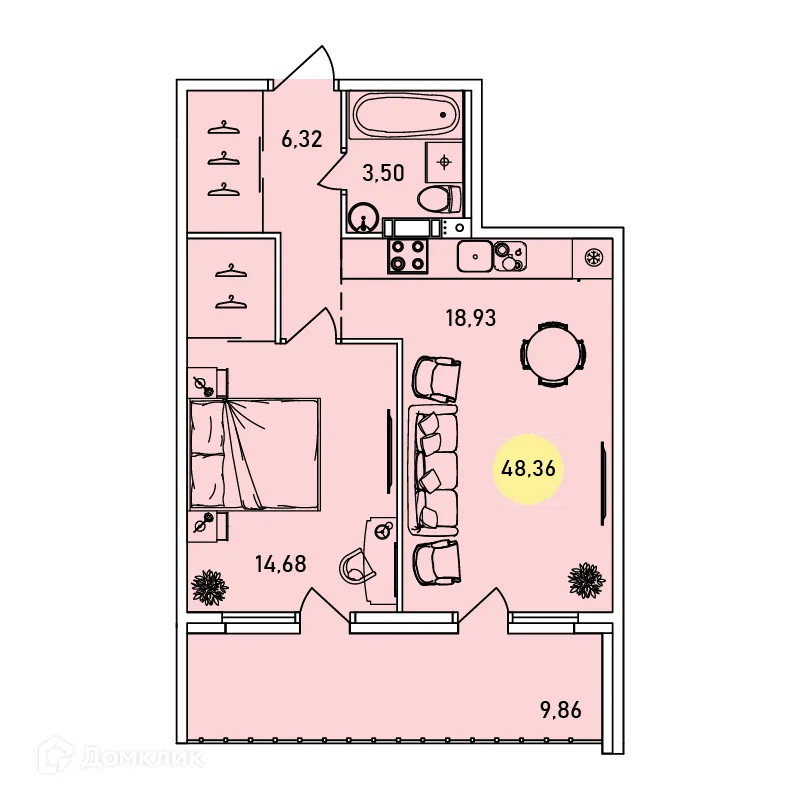Планировка 1-комнатной квартиры 48.36 м² в ЖК Ин Парк, г. Ярославль — фото 1