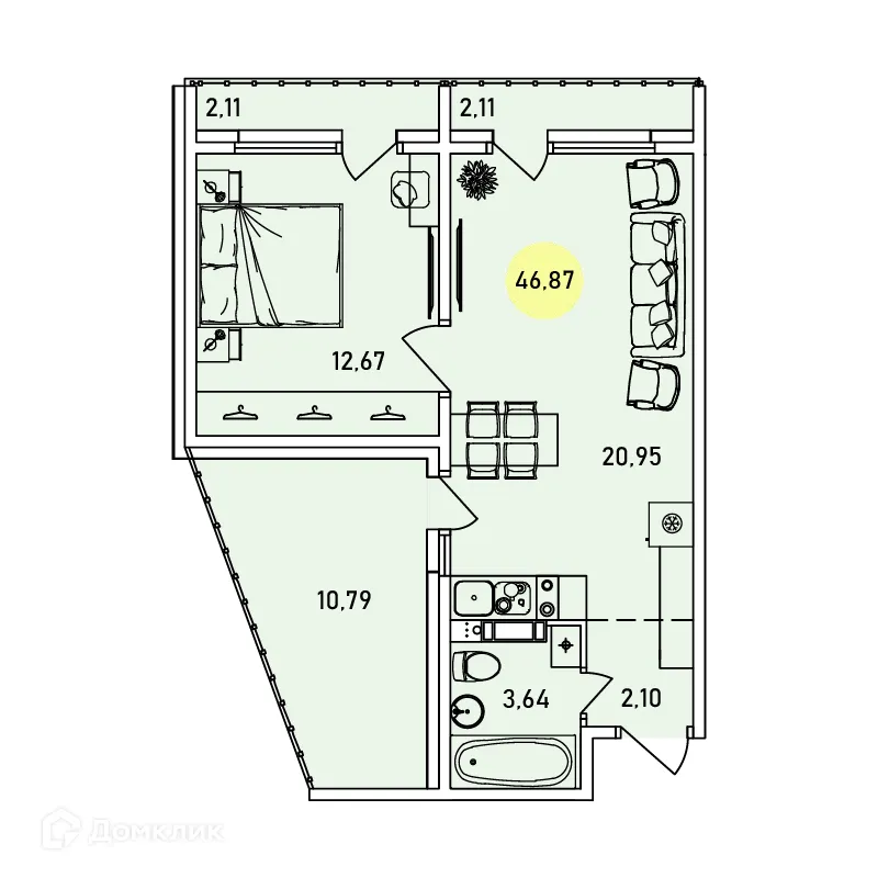 Планировка 1-комнатной квартиры 46.87 м² в ЖК Ин Парк, г. Ярославль — фото 1