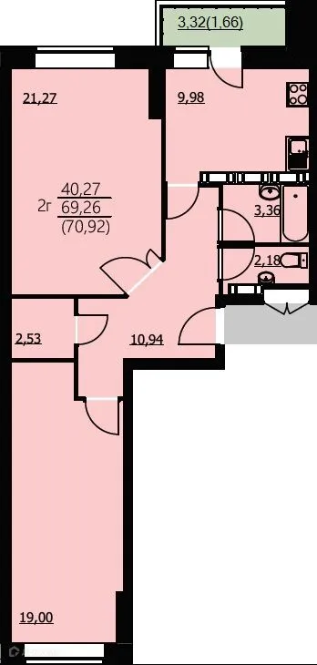 Планировка 2-комнатной квартиры 70.92 м² в ЖК Алые паруса, г. Ярославль — фото 1