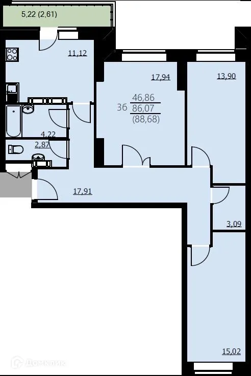 Планировка 3-комнатной квартиры 88.68 м² в ЖК Алые паруса, г. Ярославль — фото 1