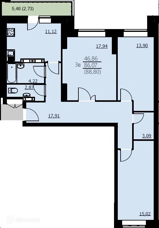 Планировка 3-комнатной квартиры 88.8 м² в ЖК Алые паруса, г. Ярославль — фото 1
