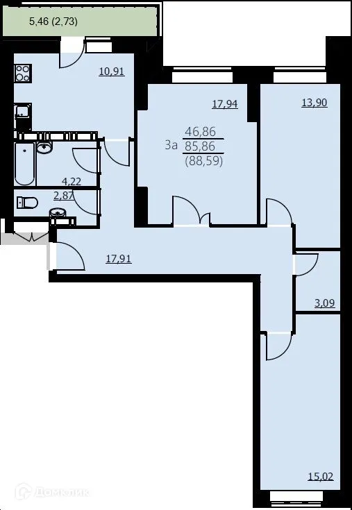 Планировка 3-комнатной квартиры 88.59 м² в ЖК Алые паруса, г. Ярославль — фото 1