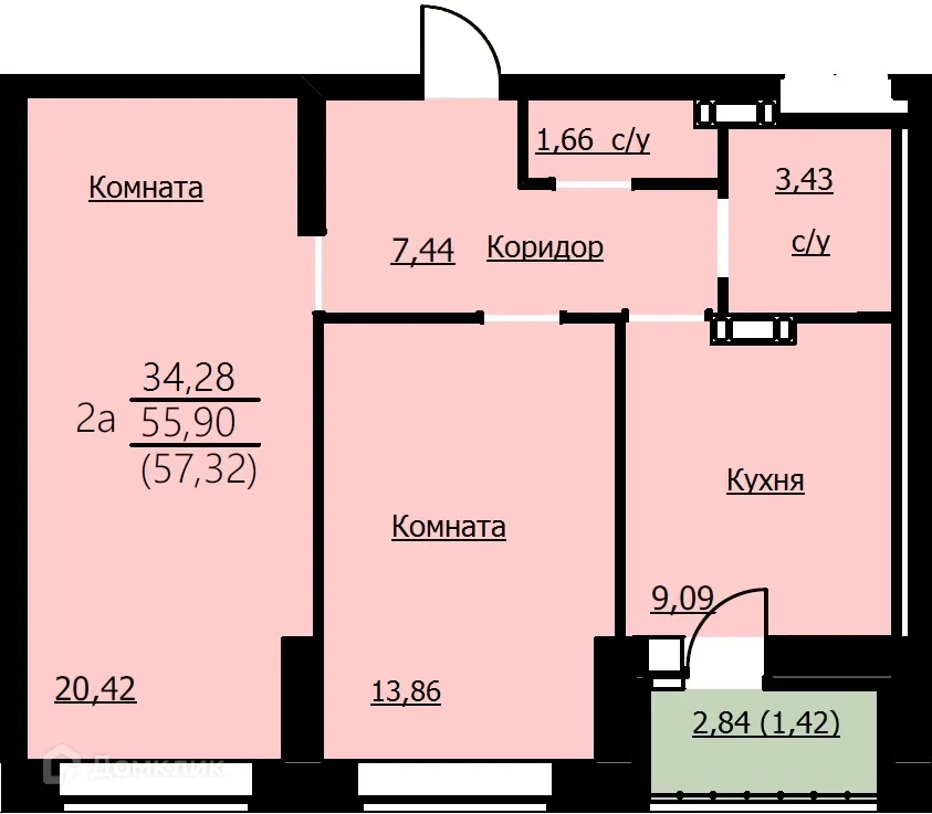 Планировка 2-комнатной квартиры 57.32 м² в ЖК Алые паруса, г. Ярославль — фото 1