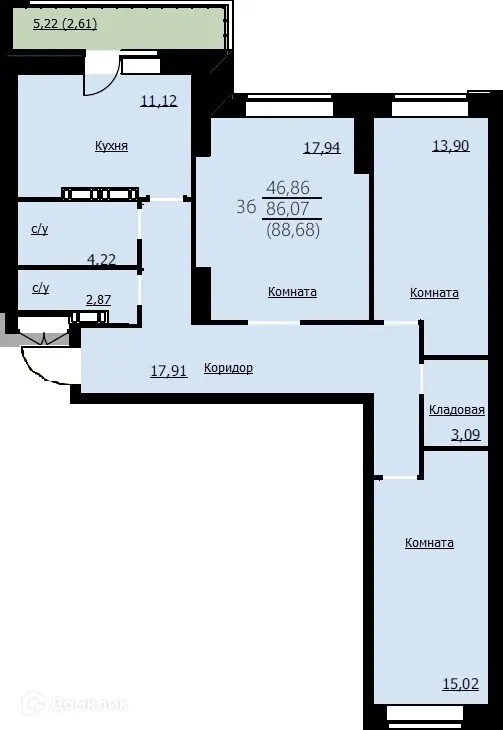 Планировка 3-комнатной квартиры 88.68 м² в ЖК Алые паруса, г. Ярославль — фото 1