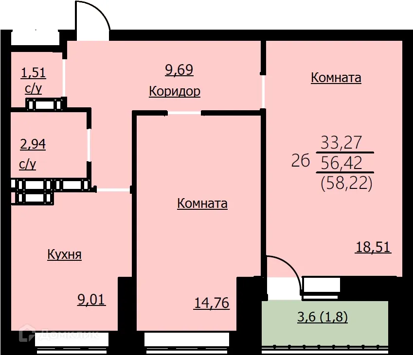 Планировка 2-комнатной квартиры 58.22 м² в ЖК Алые паруса, г. Ярославль — фото 1