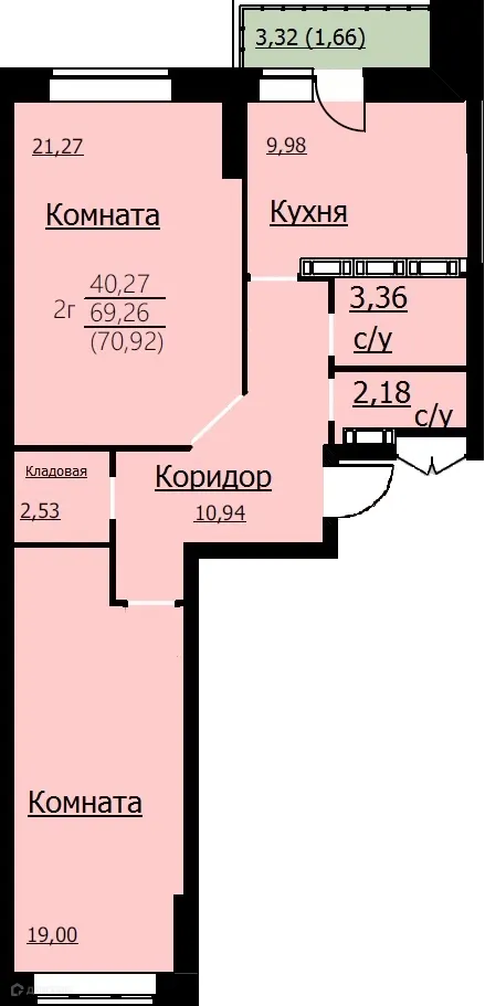 Планировка 2-комнатной квартиры 70.92 м² в ЖК Алые паруса, г. Ярославль — фото 1
