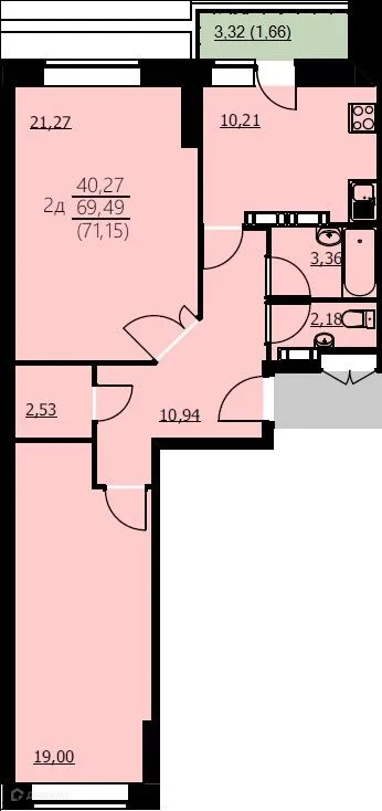 Планировка 2-комнатной квартиры 71.15 м² в ЖК Алые паруса, г. Ярославль — фото 1