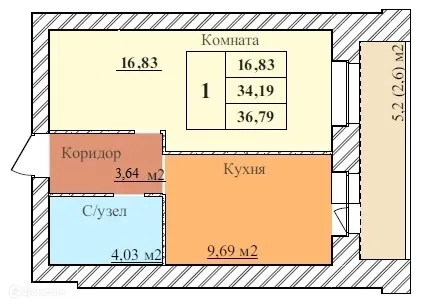 Планировка 1-комнатной квартиры 36.79 м² в ЖК ЗАРЯ, г. Ярославль — фото 1