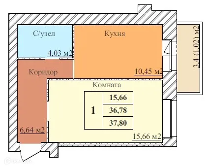 Планировка 1-комнатной квартиры 37.8 м² в ЖК ЗАРЯ, г. Ярославль — фото 1