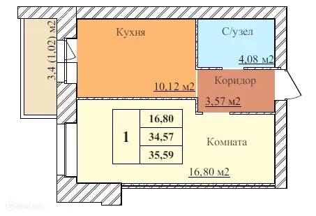 Планировка 1-комнатной квартиры 35.59 м² в ЖК ЗАРЯ, г. Ярославль — фото 1