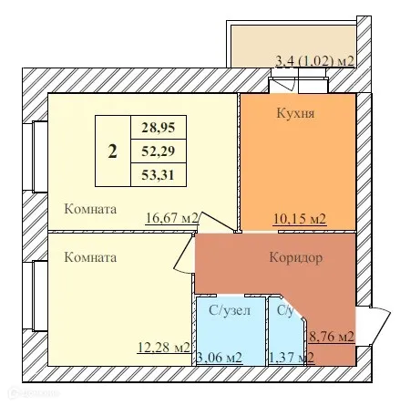 Планировка 2-комнатной квартиры 53.31 м² в ЖК ЗАРЯ, г. Ярославль — фото 1
