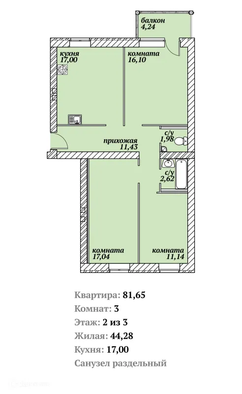 3 комн. в ЖК "Зелёный квартал"