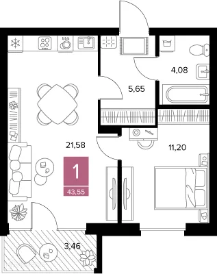Планировка 1-комнатной квартиры 43.55 м² в ЖК Квартал Дягилев, г. Рязань — фото 2