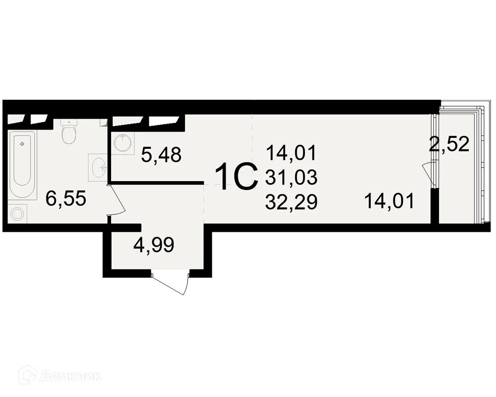 Планировка 1-комнатной квартиры 32.29 м² в ЖК Макроквартал "Свобода", г. Рязань — фото 1