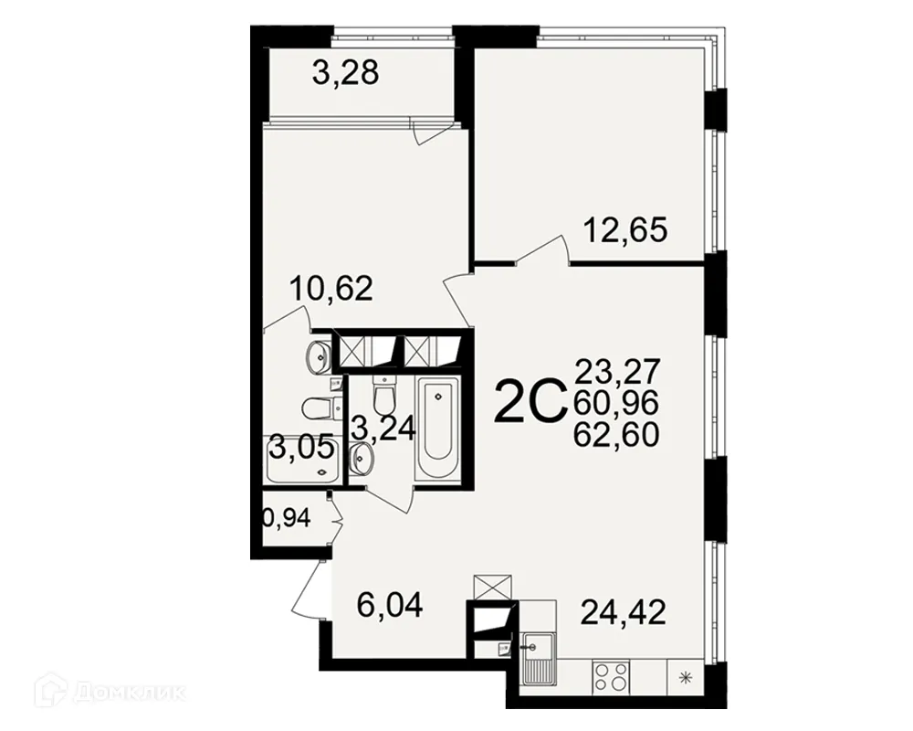 Планировка 2-комнатной квартиры 62.6 м² в ЖК Большая история, г. Рязань — фото 1