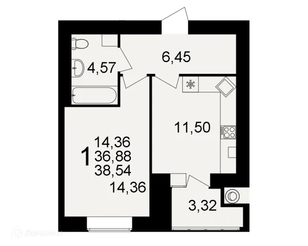Планировка 1 комн. в ЖК Видный
