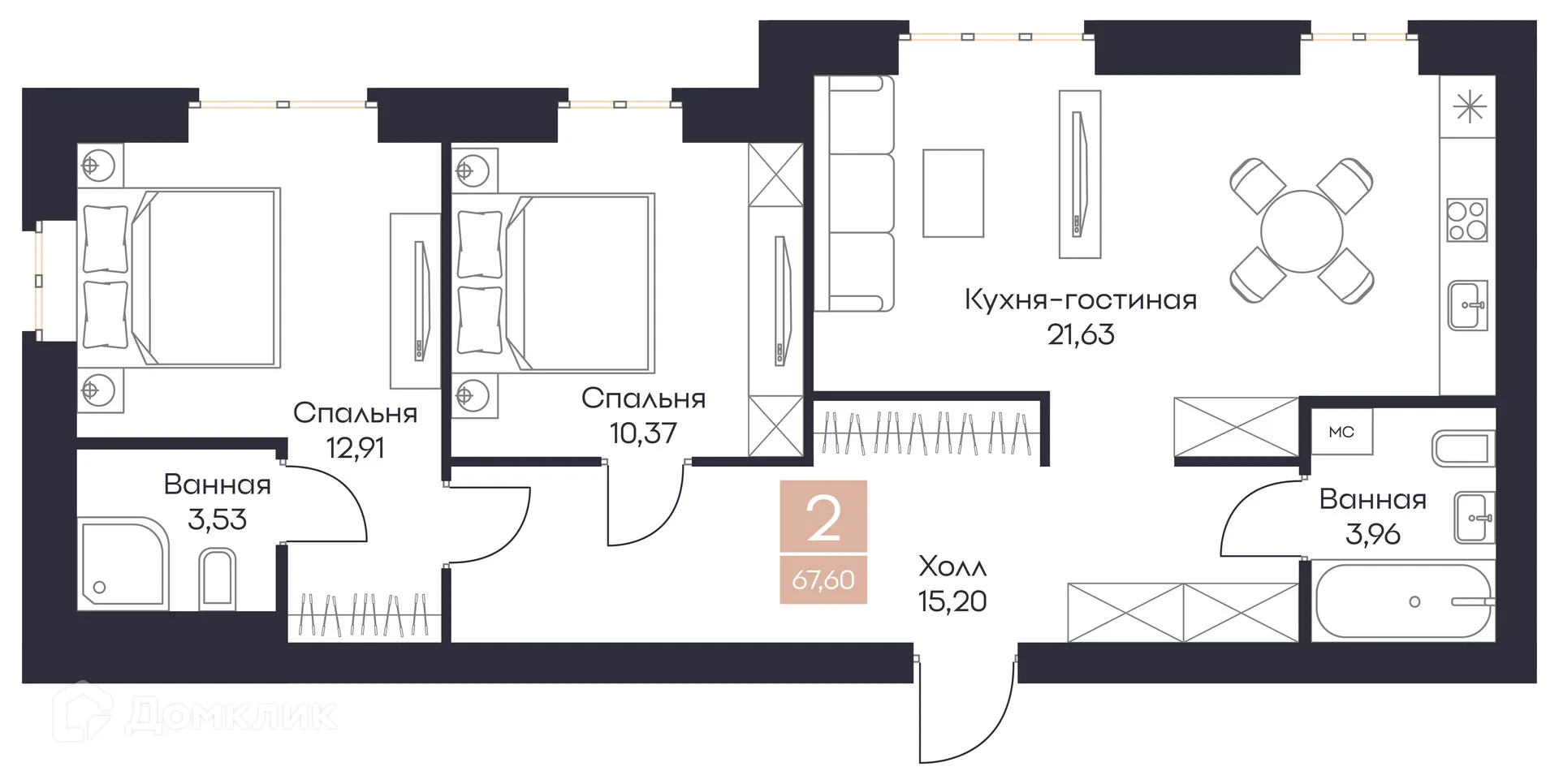 Планировка 2-комнатной квартиры 67.6 м² в ЖК Резиденция Поляна, г. Рязань — фото 1