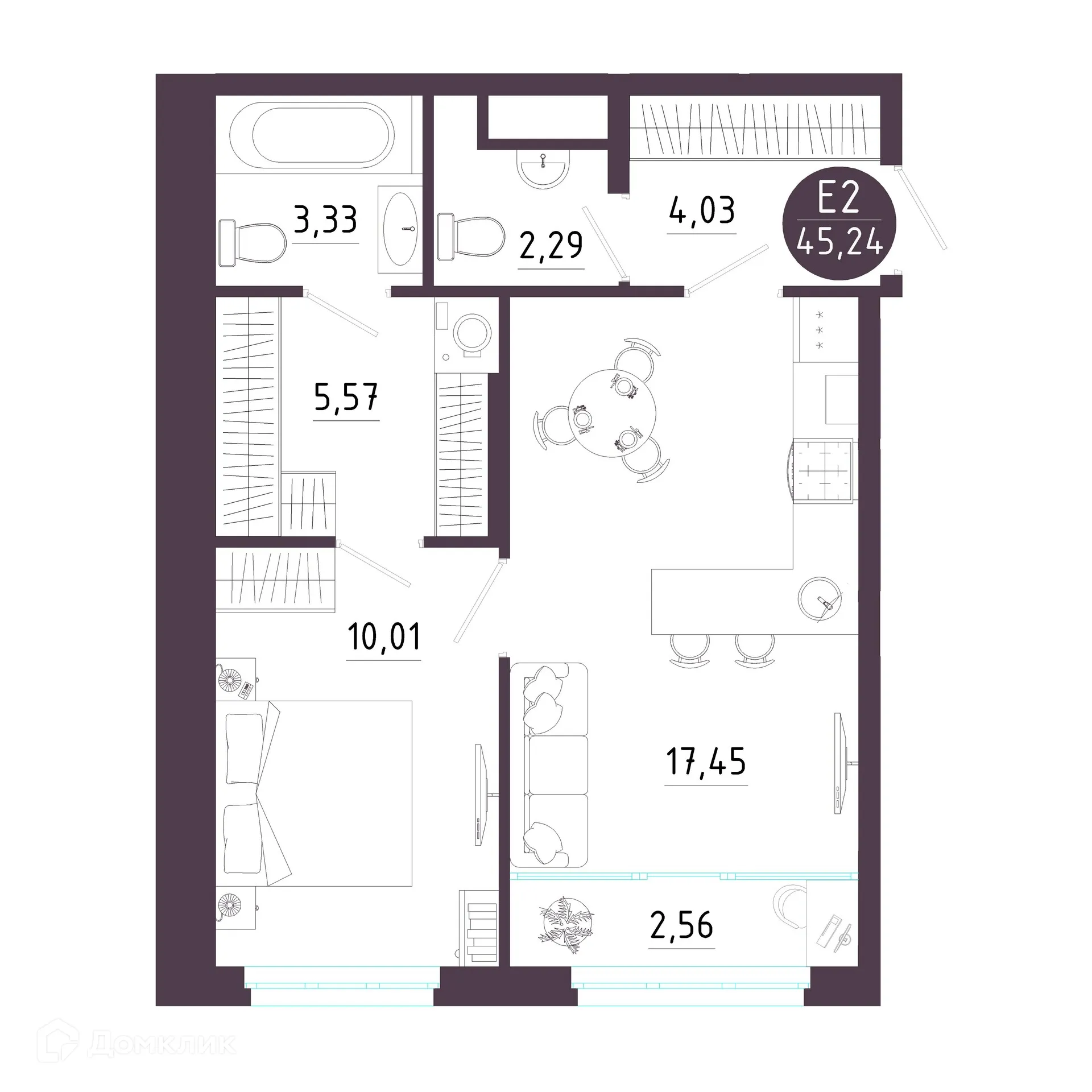 Планировка 1-комнатной квартиры 45.24 м² в ЖК Крылья, г. Рязань — фото 1