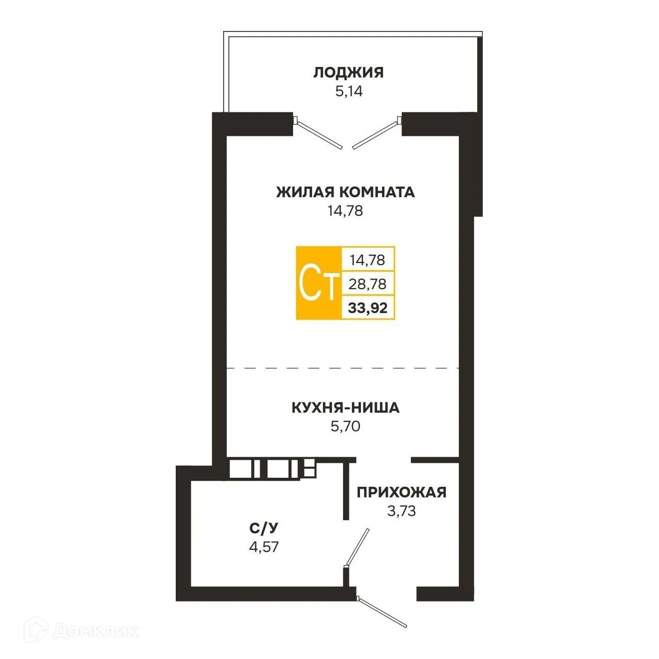 Планировка студии квартиры 33.92 м² в ЖК Ривер Парк, г. Рязань — фото 1