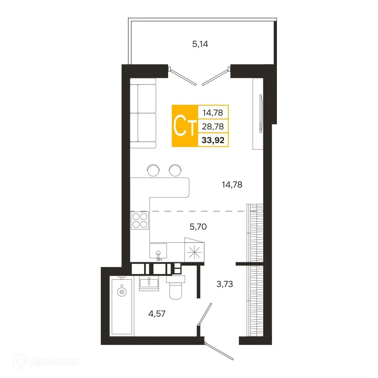 Планировка студии квартиры 33.92 м² в ЖК Ривер Парк, г. Рязань — фото 2