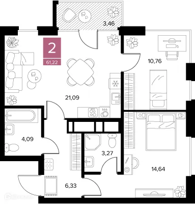 Планировка 2-комнатной квартиры 61.22 м² в ЖК Квартал Дягилев, г. Рязань — фото 2