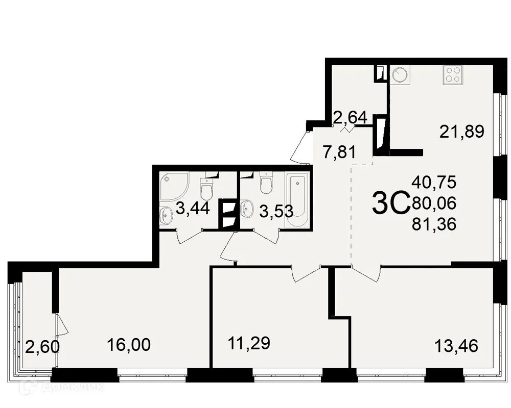 Планировка 3-комнатной квартиры 81.36 м² в ЖК"Новое измерение", г. Рязань — фото 1
