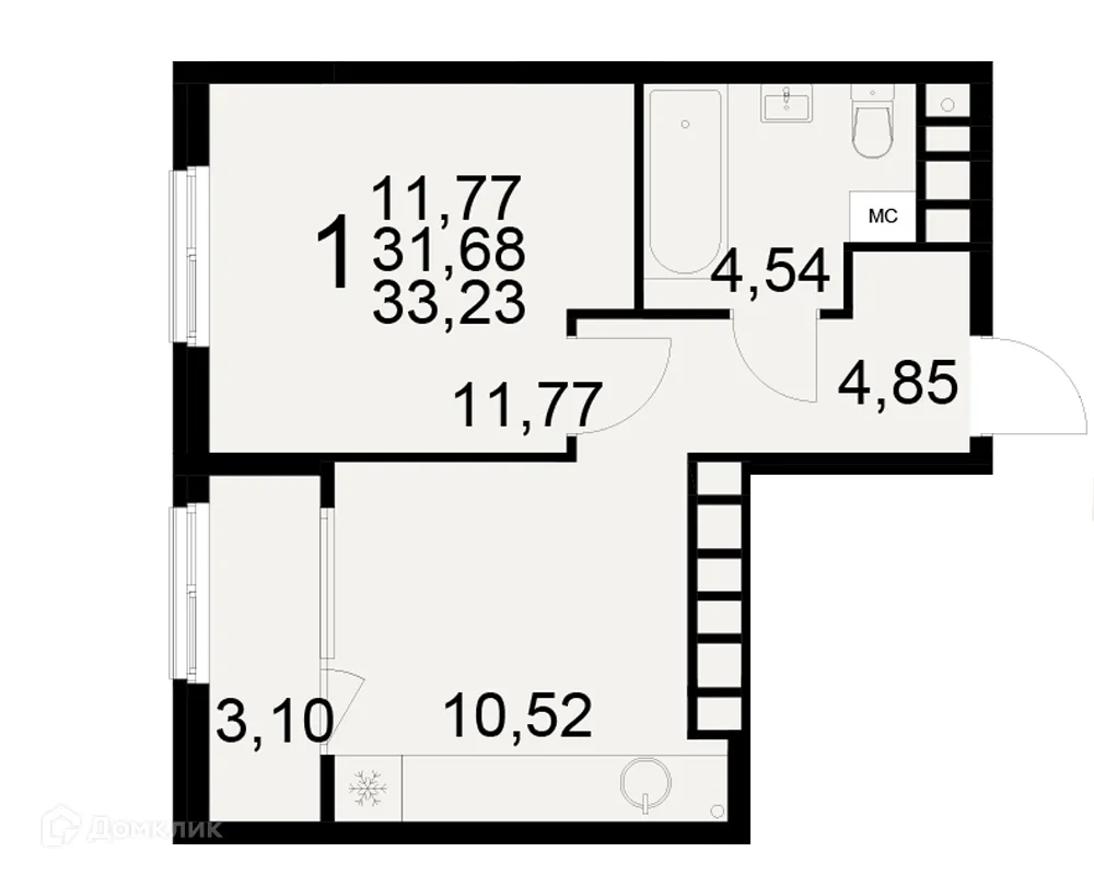 Планировка 1-комнатной квартиры 33.23 м² в ЖК Радости жизни, г. Рязань — фото 1