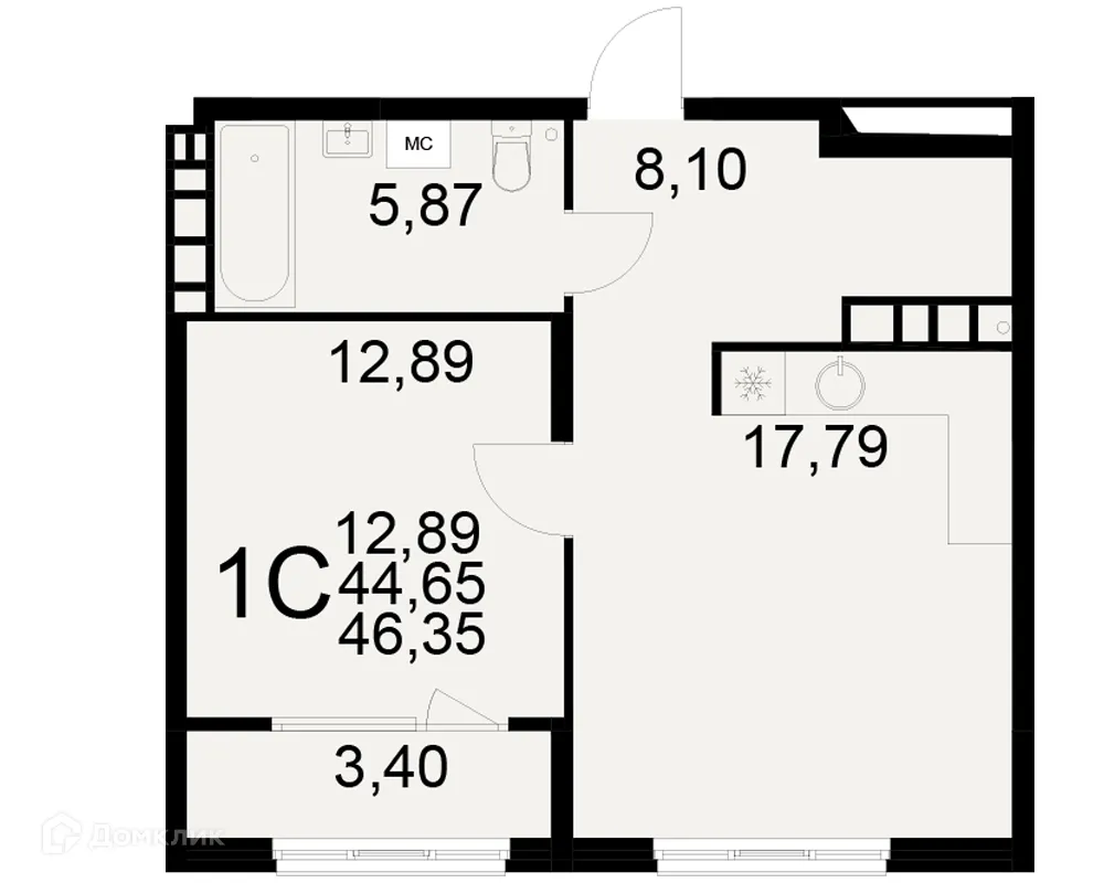 Планировка 1-комнатной квартиры 46.35 м² в ЖК Радости жизни, г. Рязань — фото 1
