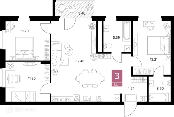 Планировка 3-комнатной квартиры 82.41 м² в ЖК Квартал Дягилев, г. Рязань — фото 2