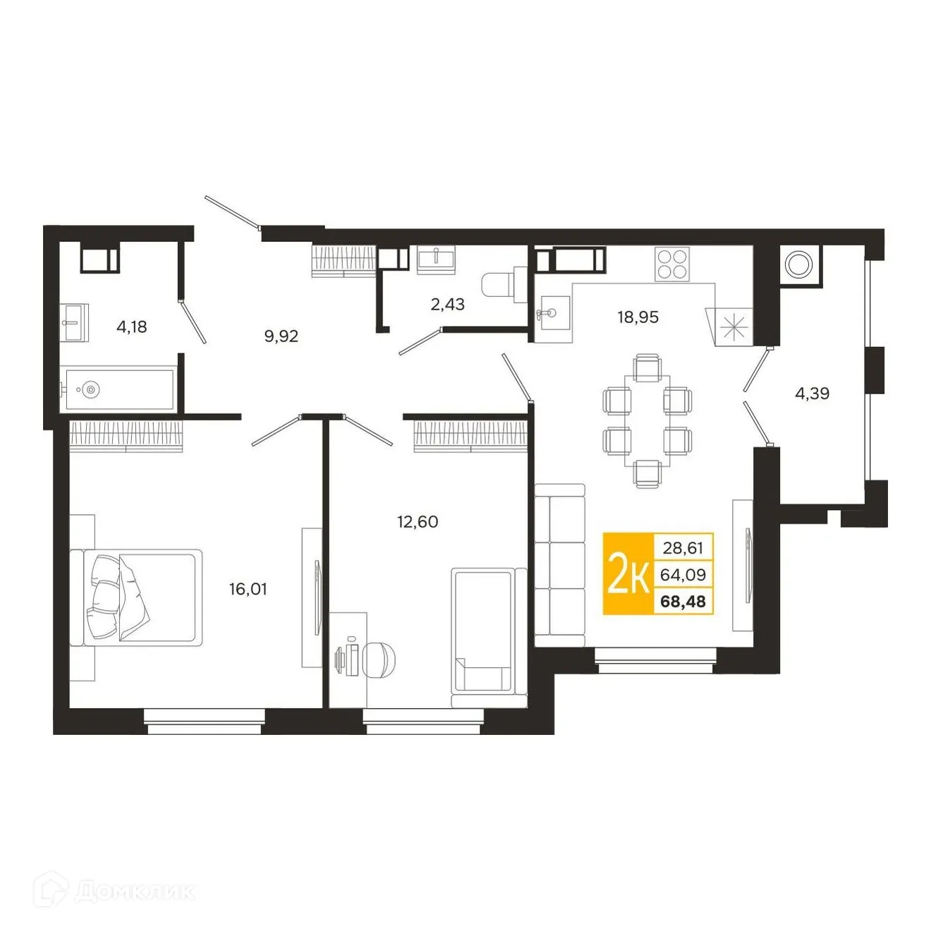 Планировка 2-комнатной квартиры 68.48 м² в ЖК Ривер Парк, г. Рязань — фото 2