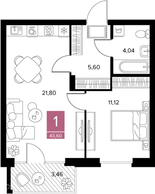 Планировка 1-комнатной квартиры 43.6 м² в ЖК Квартал Дягилев, г. Рязань — фото 2