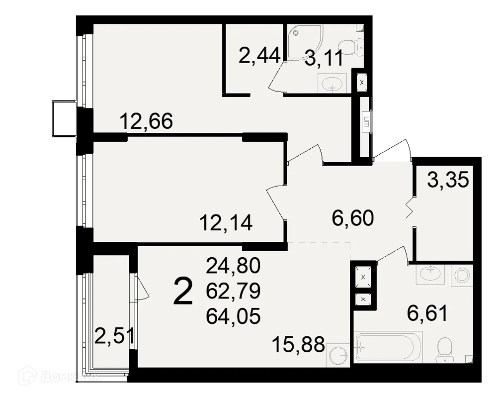 Планировка 2-комнатной квартиры 64.05 м² в ЖК Макроквартал "Свобода", г. Рязань — фото 1