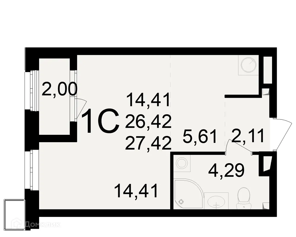 Планировка 1-комнатной квартиры 27.42 м² в ЖК Макроквартал "Свобода", г. Рязань — фото 1