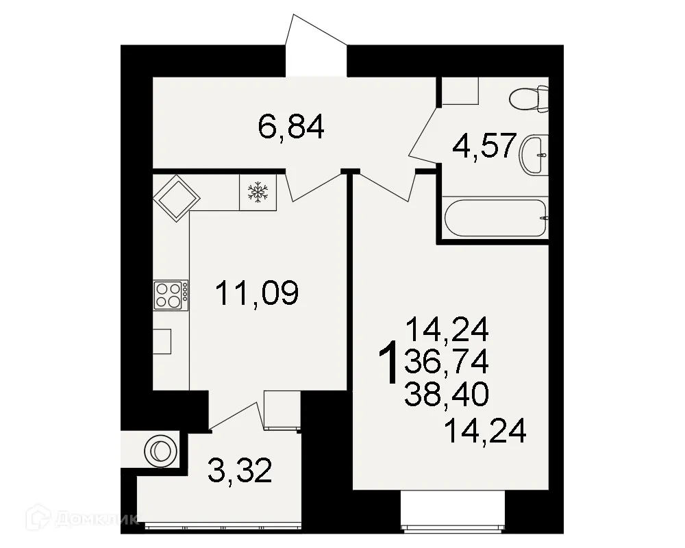 Планировка 1-комнатной квартиры 38.4 м² в ЖК Видный, г. Рязань — фото 1