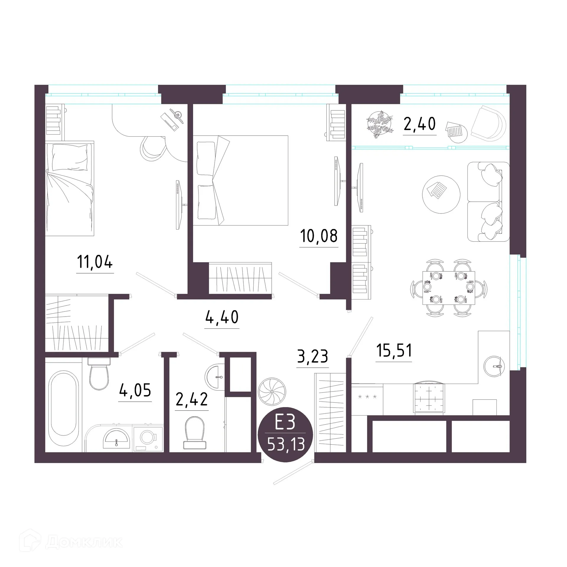 Планировка 2-комнатной квартиры 53.13 м² в ЖК Крылья, г. Рязань — фото 1