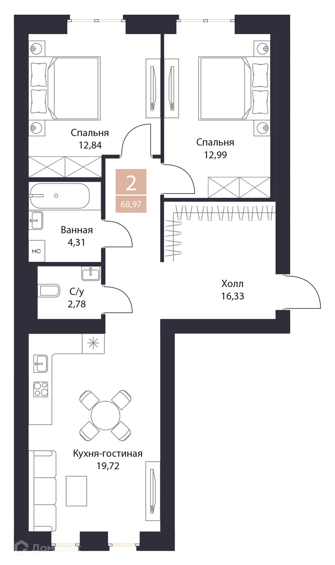 Планировка 2-комнатной квартиры 68.97 м² в ЖК Резиденция Поляна, г. Рязань — фото 1