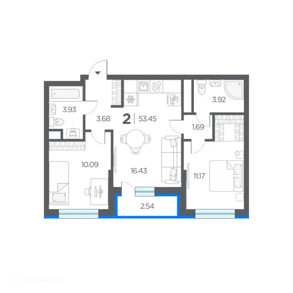 Планировка 2 комн. в ЖК Шереметьевский квартал