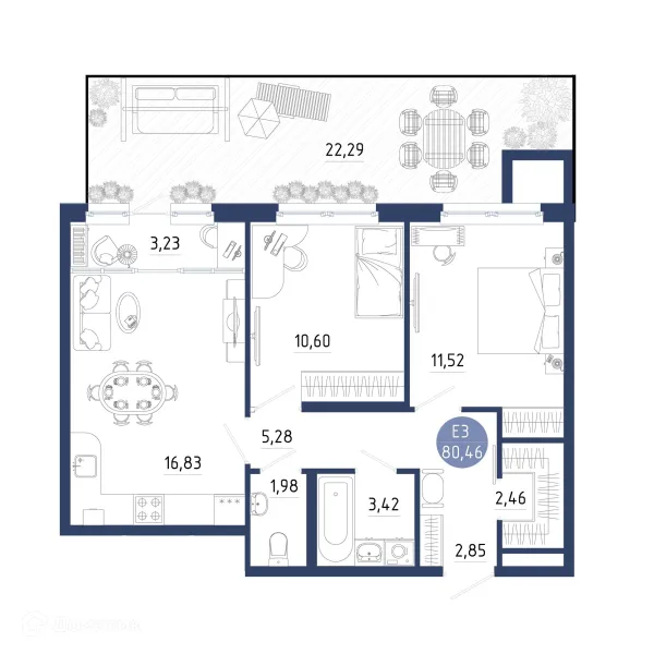 Планировка 2 комн. в ЖК Бульвар оптимистов