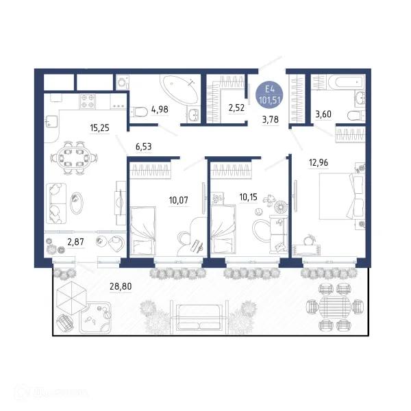 Планировка 3 комн. в ЖК Бульвар оптимистов