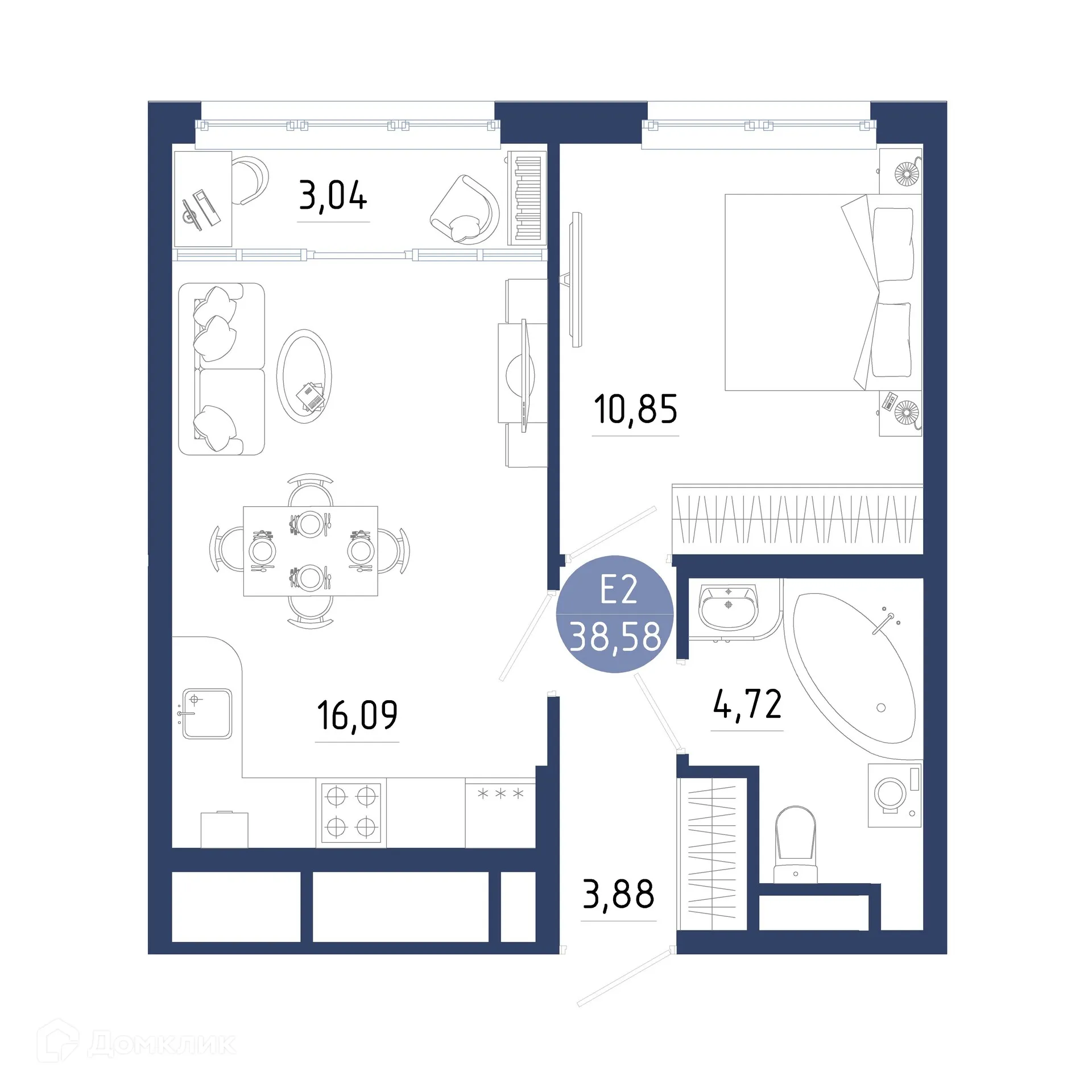 Планировка 1-комнатной квартиры 38.58 м² в ЖК Бульвар оптимистов, г. Дядьково — фото 1
